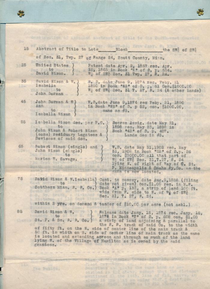 Title Abstract - Land Near Hamilton (Savage).....Includes Landowners, 1857-1910, Was Then Property of  Dan Patch Realty Company