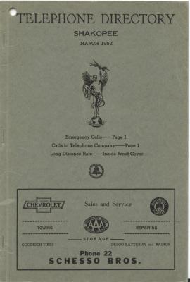 Telephone Directory; Shakopee; March 1952