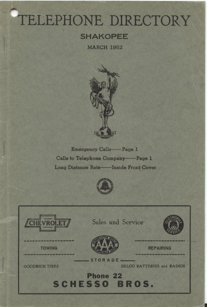 Telephone Directory; Shakopee; March 1952