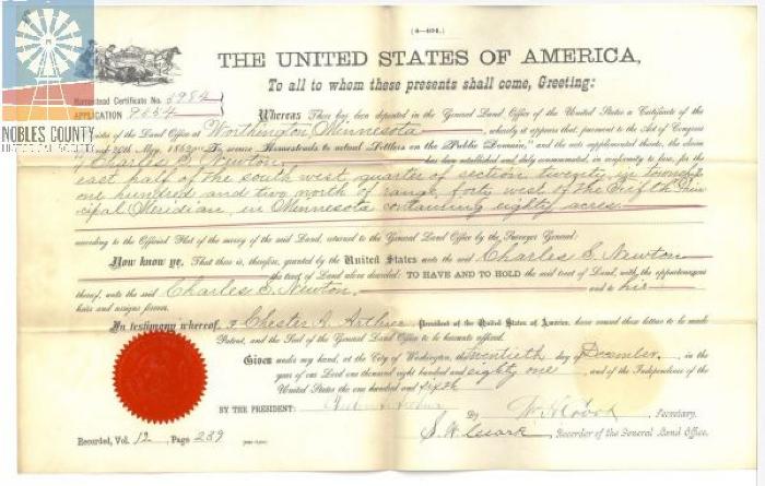 Homestead Certificate Charles Newton