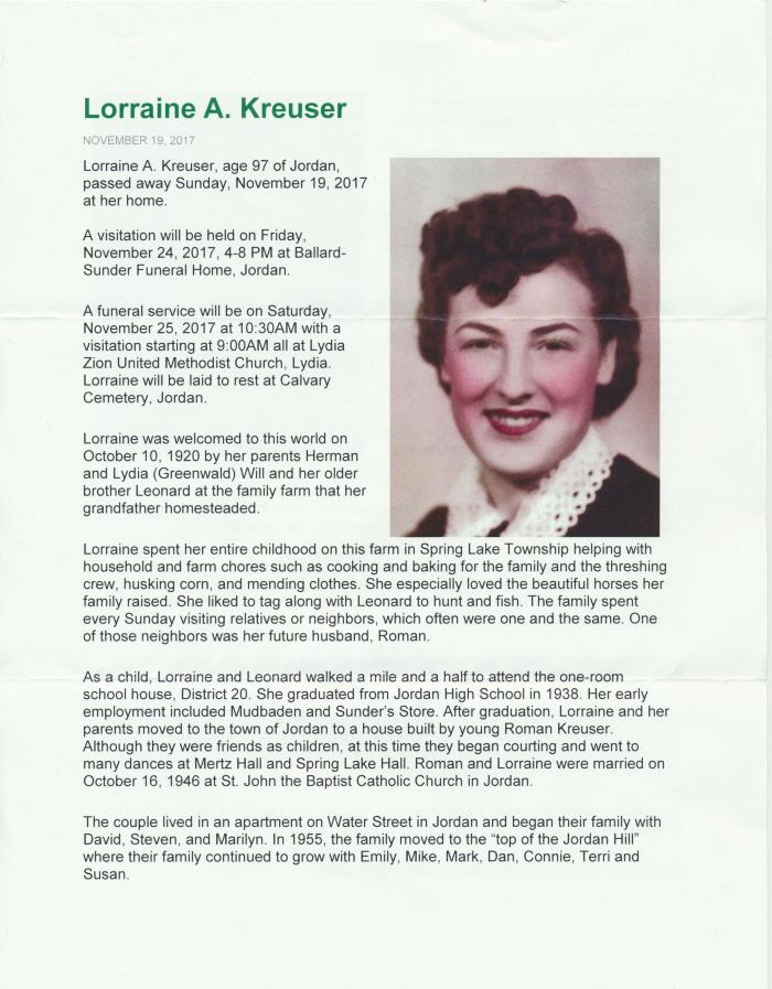Memorial Bulletin for Lorraine A. Kreuser