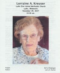 Prayer/memorial card for Lorraine A. Kreuser