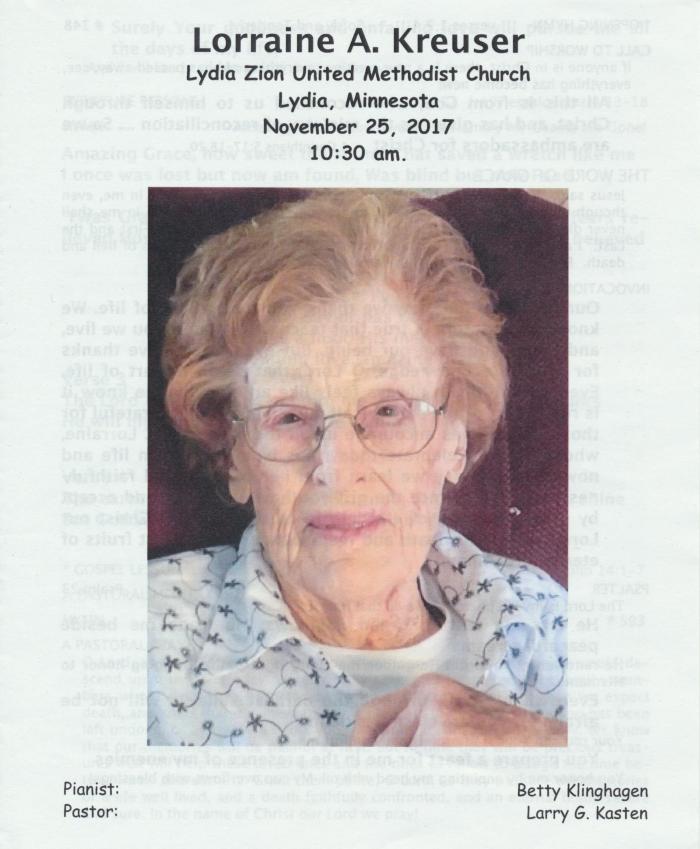 Prayer/memorial card for Lorraine A. Kreuser