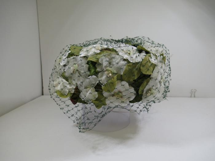 Pillbox Hat Covered in White Silk Flowers and Green Velvet Leaves
